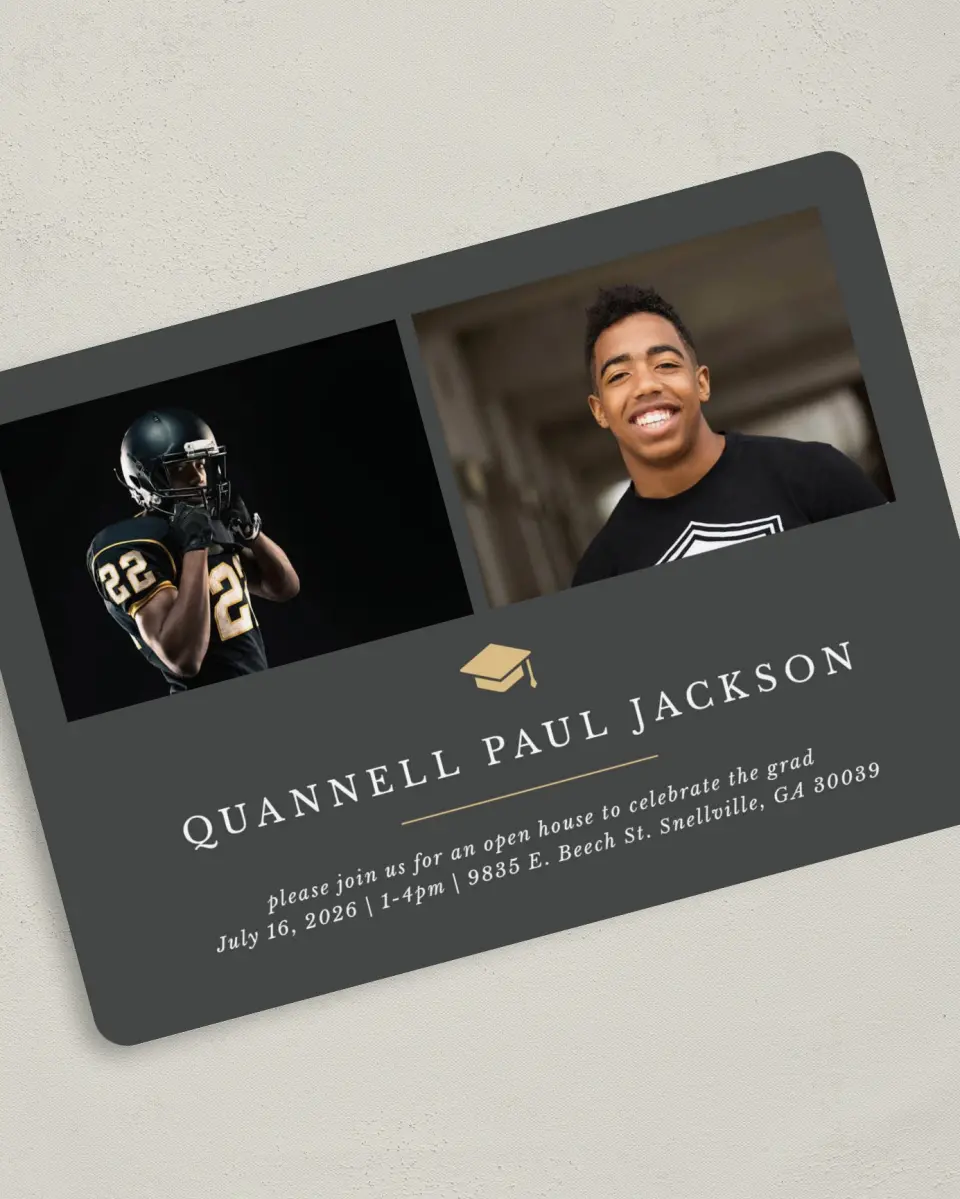 This is a 5" x 7" Graduation Announcement Card called Humble Cap printed in full color on Premium Smooth paper