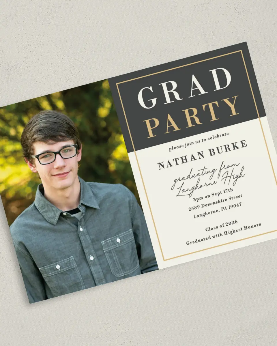 This is a 5" x 7" Graduation Announcement Card called Grad Party printed in full color on Premium Smooth paper