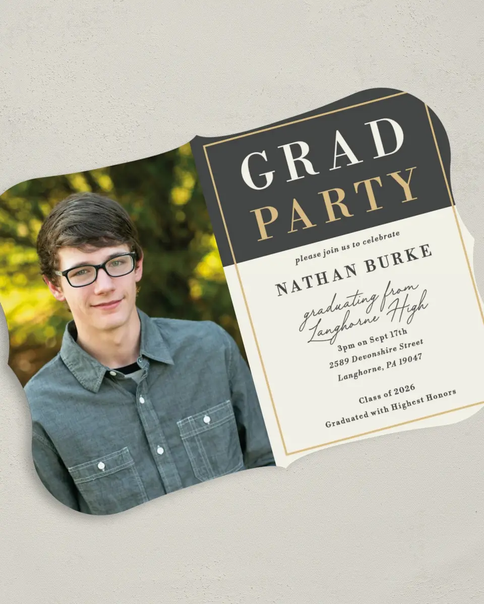 This is a 5" x 7" Graduation Announcement Card called Grad Party printed in full color on Premium Smooth paper