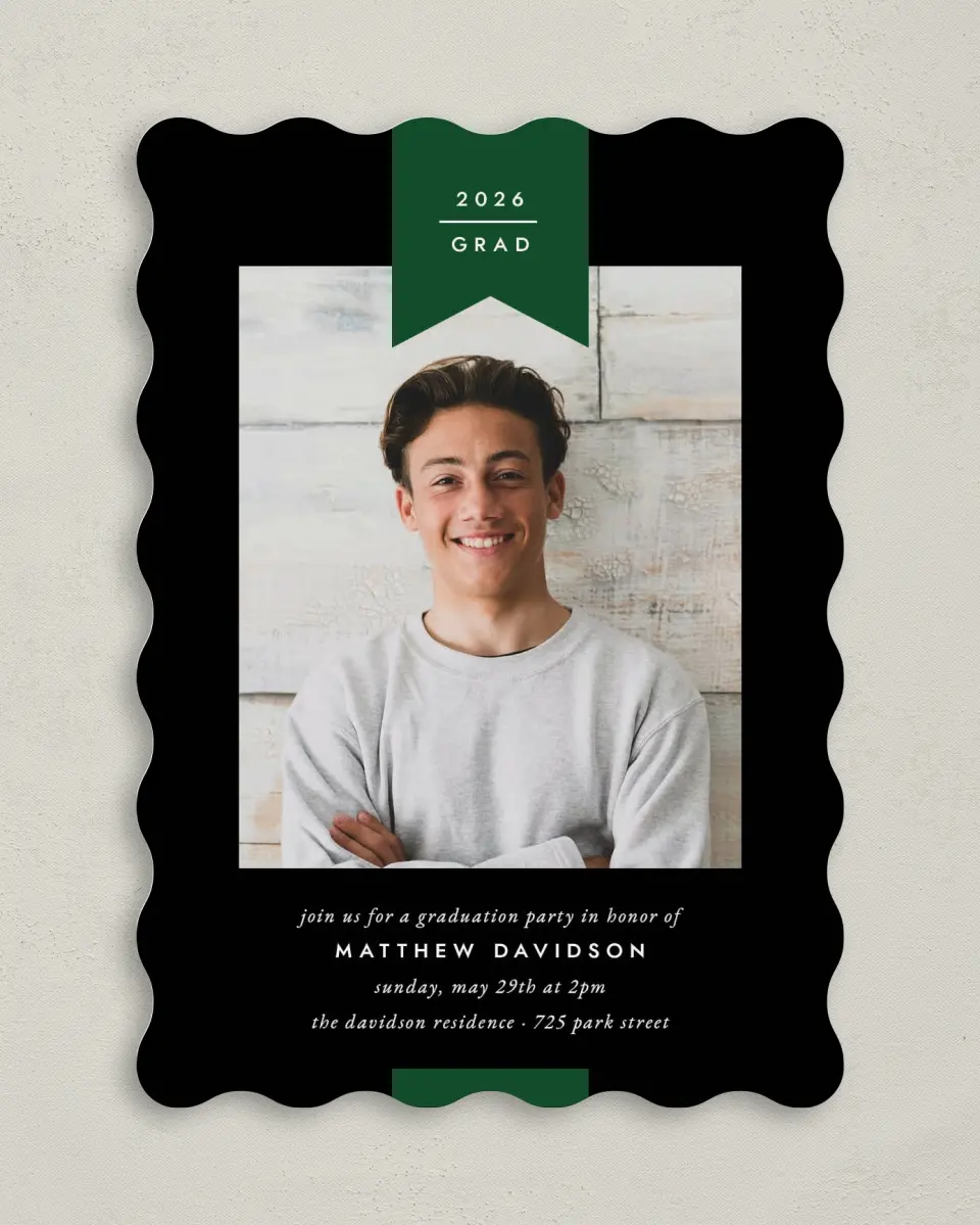 This is a 5" x 7" Graduation Announcement Card called Grad Banner printed in full color on Premium Smooth paper