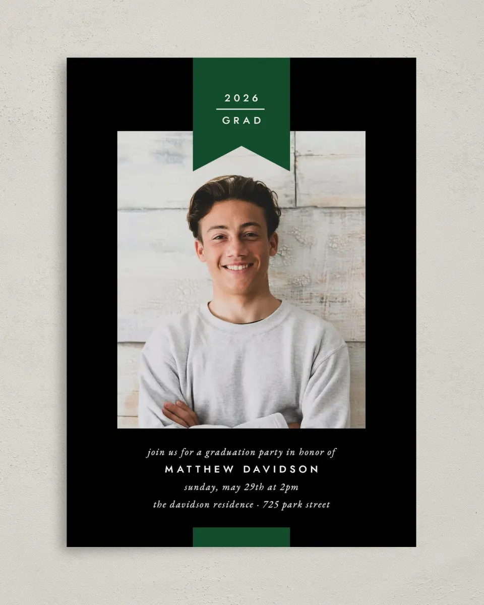 This is a 5" x 7" Graduation Announcement Card called Grad Banner printed in full color on Premium Smooth paper