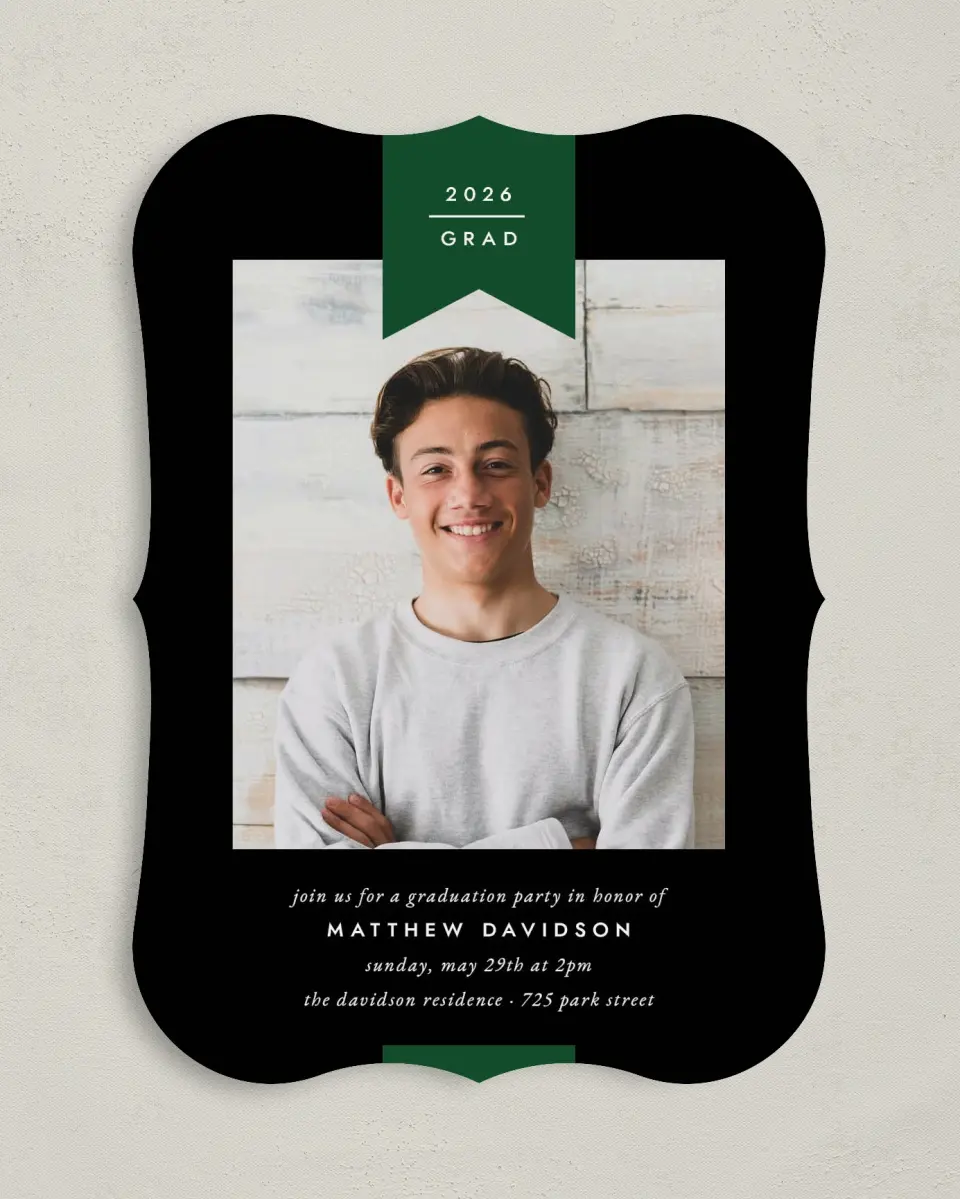 This is a 5" x 7" Graduation Announcement Card called Grad Banner printed in full color on Premium Smooth paper