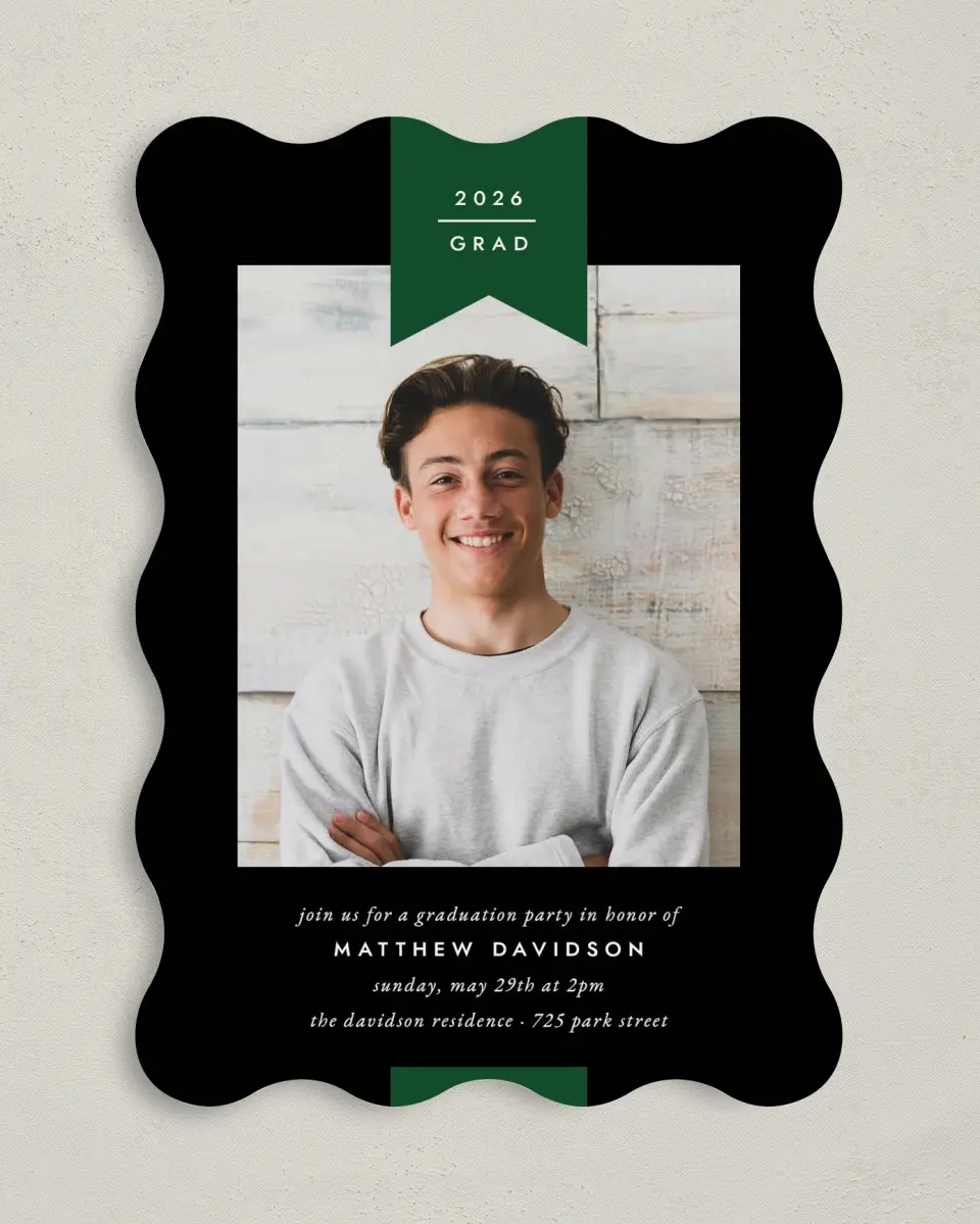 This is a 5" x 7" Graduation Announcement Card called Grad Banner printed in full color on Premium Smooth paper