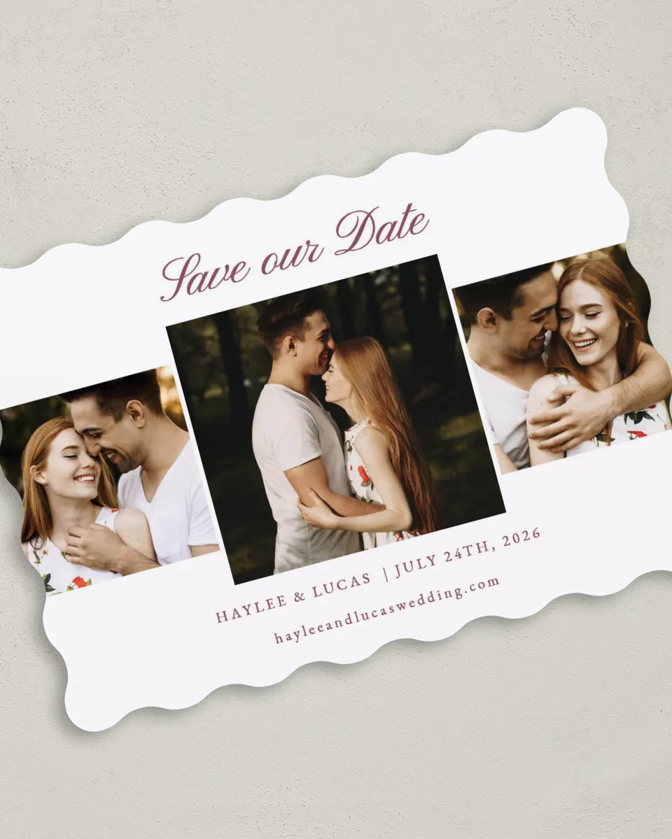 This is a 5" x 7" Save the Date Card called Quietly Quaint printed in full color on Premium Smooth paper