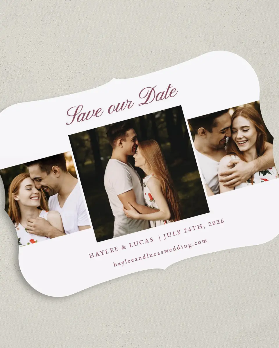 This is a 5" x 7" Save the Date Card called Quietly Quaint printed in full color on Premium Smooth paper