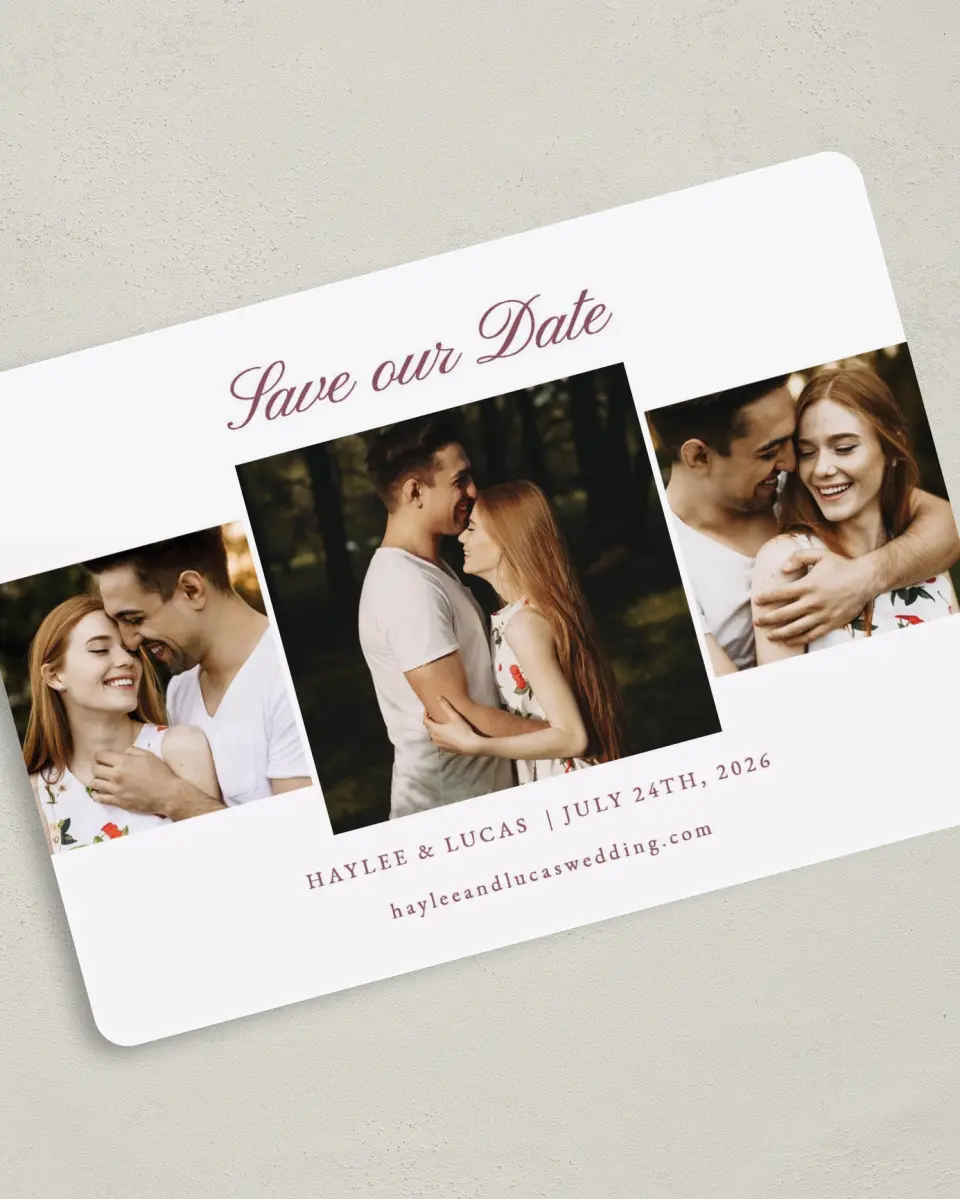 This is a 5" x 7" Save the Date Card called Quietly Quaint printed in full color on Premium Smooth paper