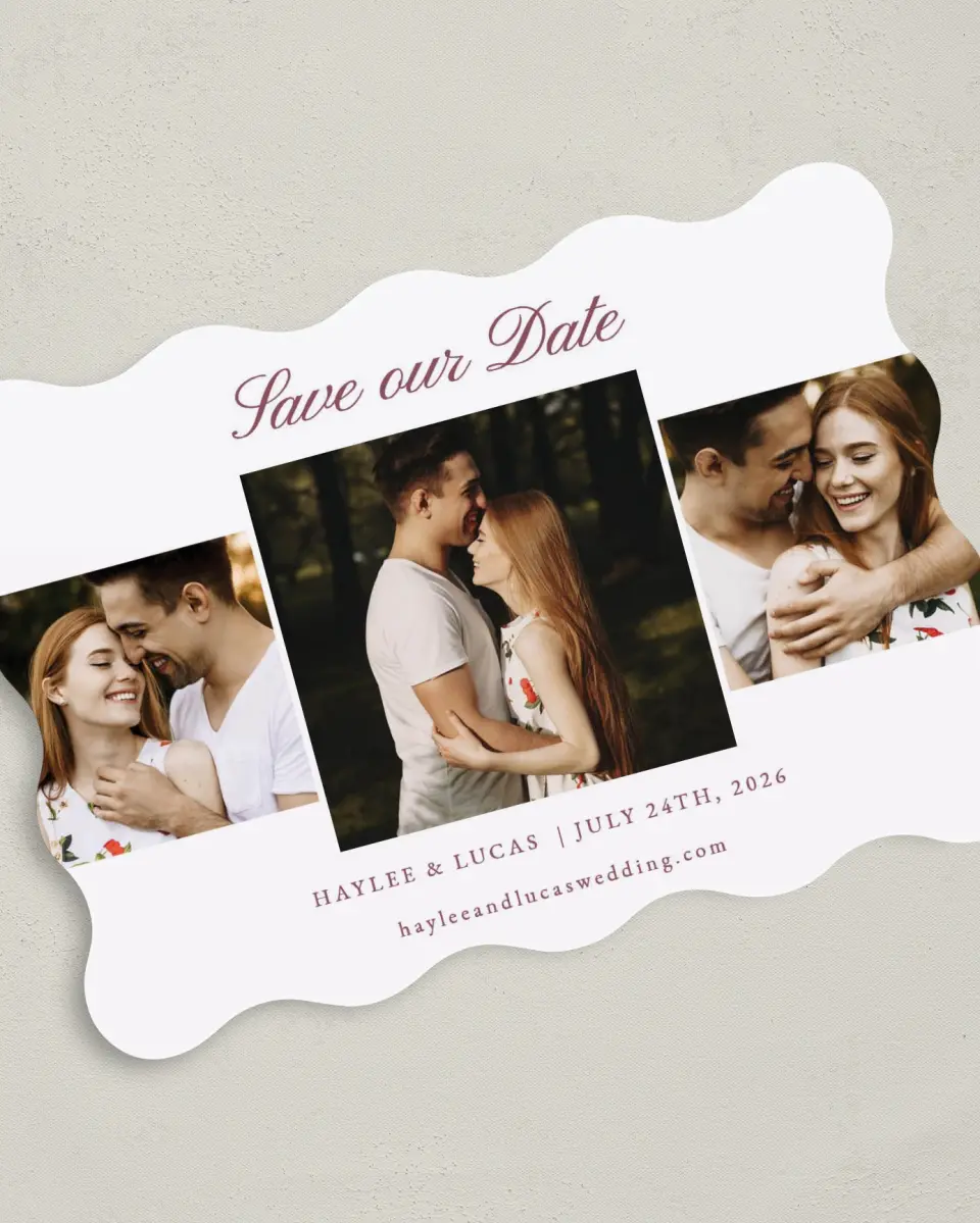 This is a 5" x 7" Save the Date Card called Quietly Quaint printed in full color on Premium Smooth paper