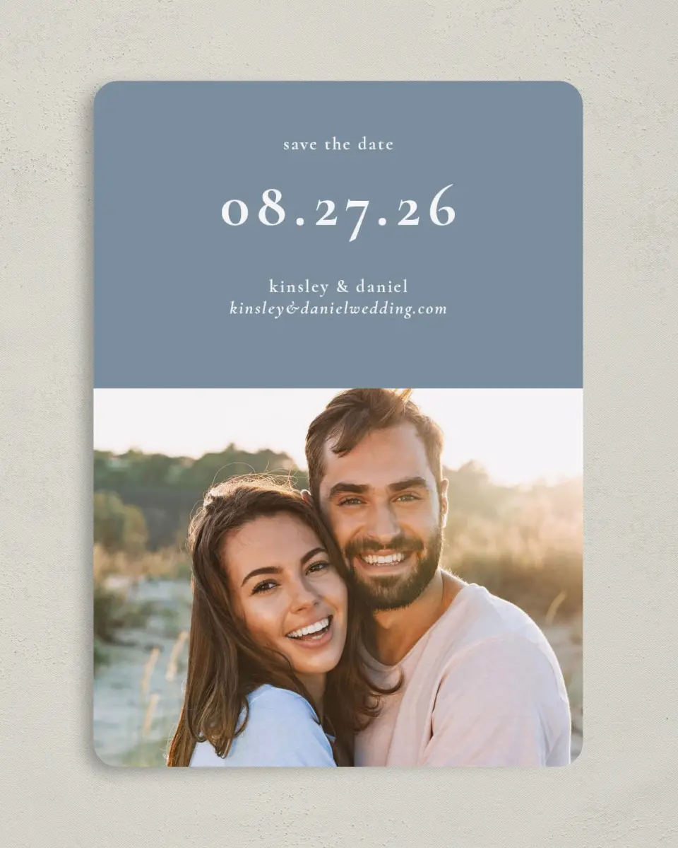 This is a 5" x 7" Save the Date Card called Fine Floret printed in full color on Premium Smooth paper