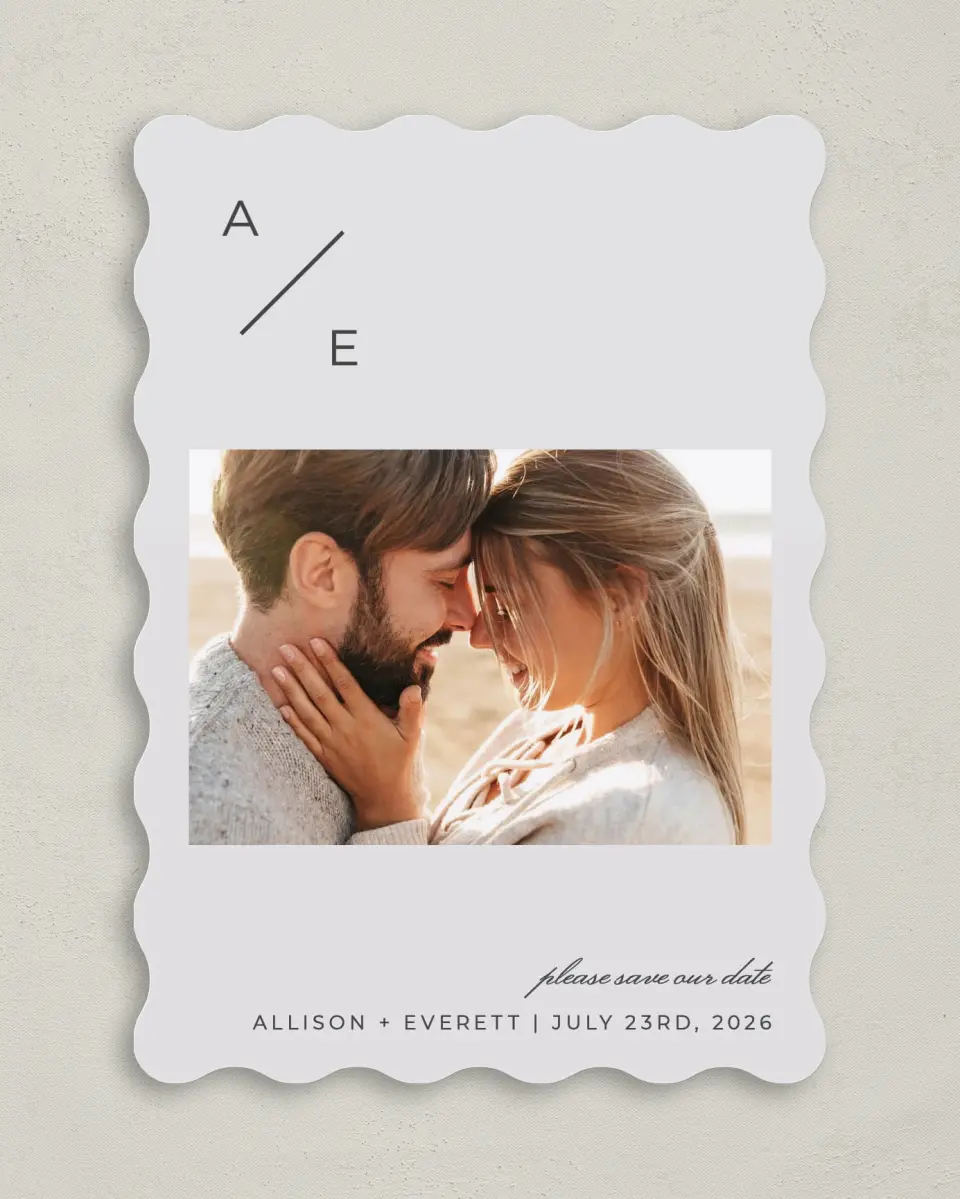 This is a 5" x 7" Save the Date Card called Initial Hush printed in full color on Premium Smooth paper