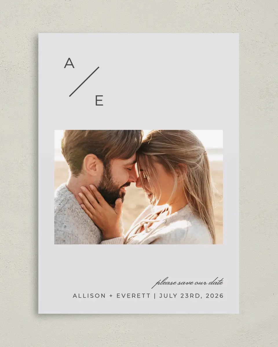 This is a 5" x 7" Save the Date Card called Initial Hush printed in full color on Premium Smooth paper