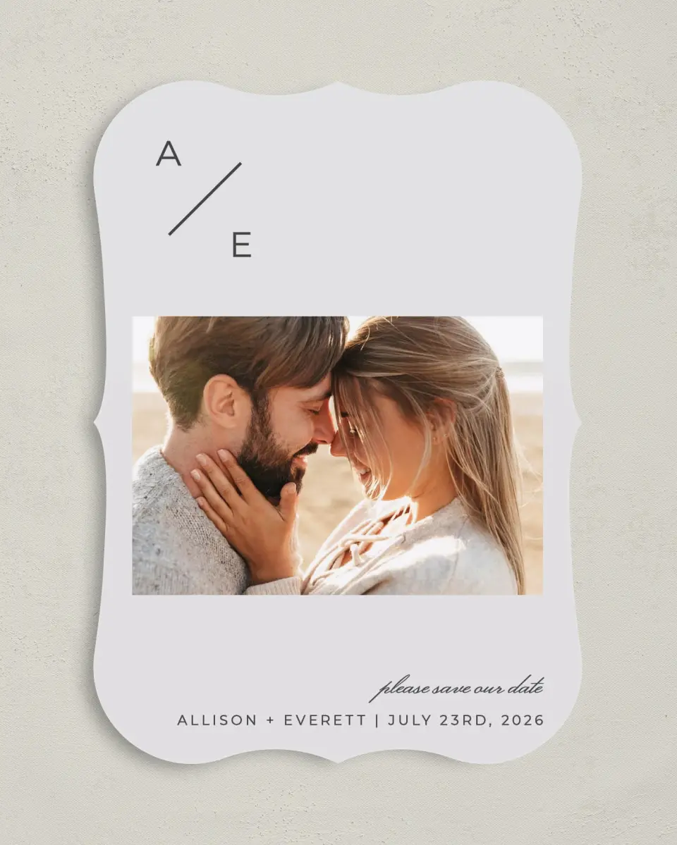 This is a 5" x 7" Save the Date Card called Initial Hush printed in full color on Premium Smooth paper