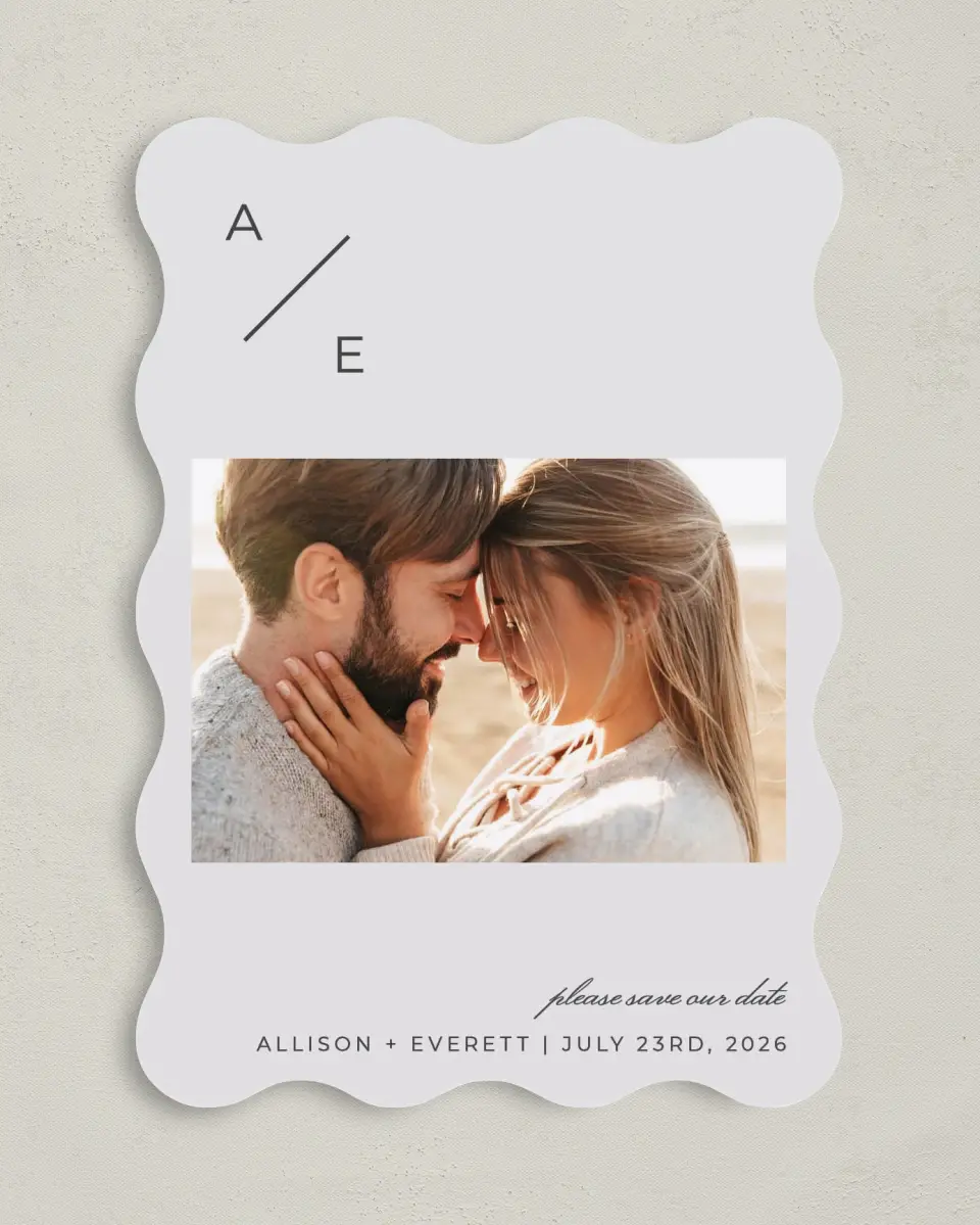 This is a 5" x 7" Save the Date Card called Initial Hush printed in full color on Premium Smooth paper