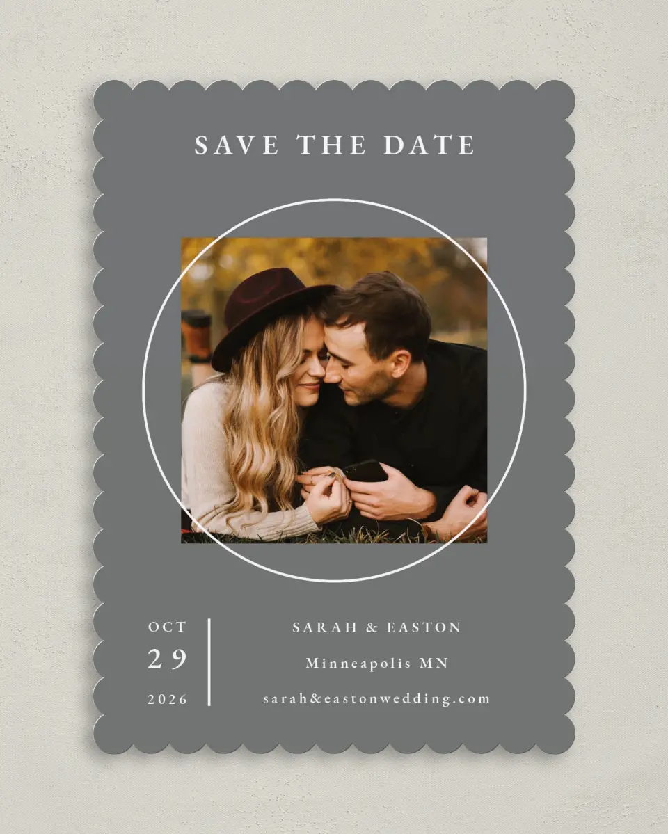 This is a 5" x 7" Save the Date Card called Heavenly Harmony printed in full color on Premium Smooth paper
