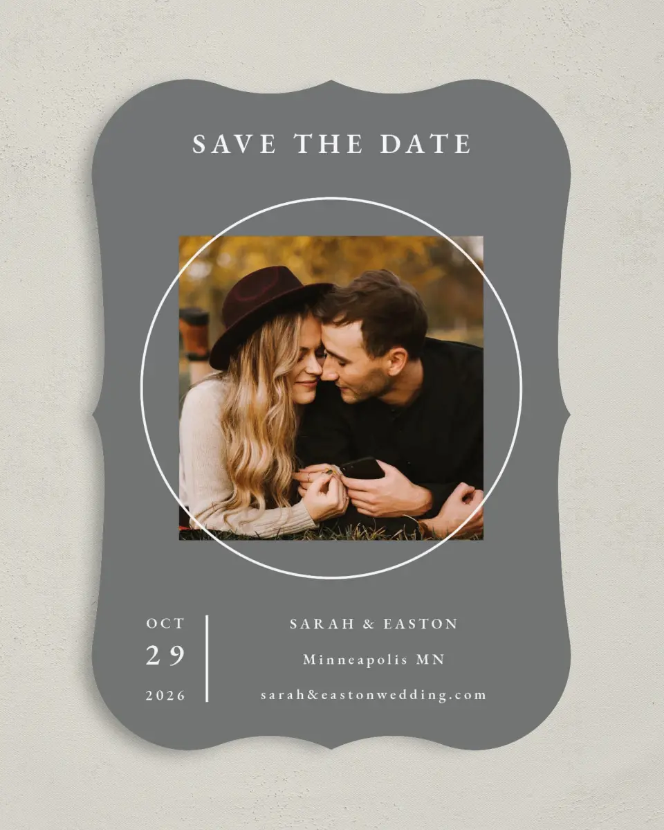 This is a 5" x 7" Save the Date Card called Heavenly Harmony printed in full color on Premium Smooth paper