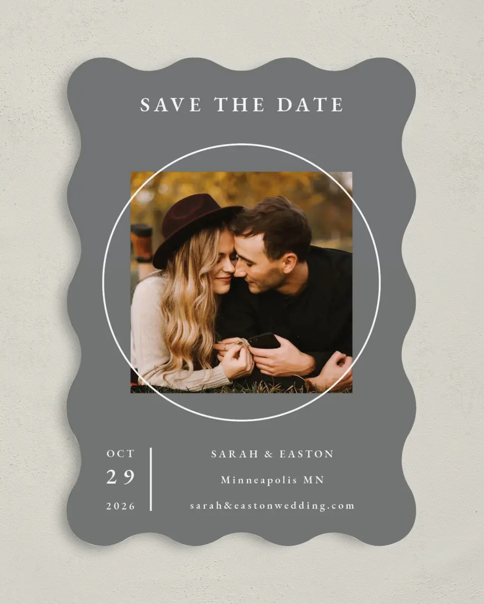 This is a 5" x 7" Save the Date Card called Heavenly Harmony printed in full color on Premium Smooth paper