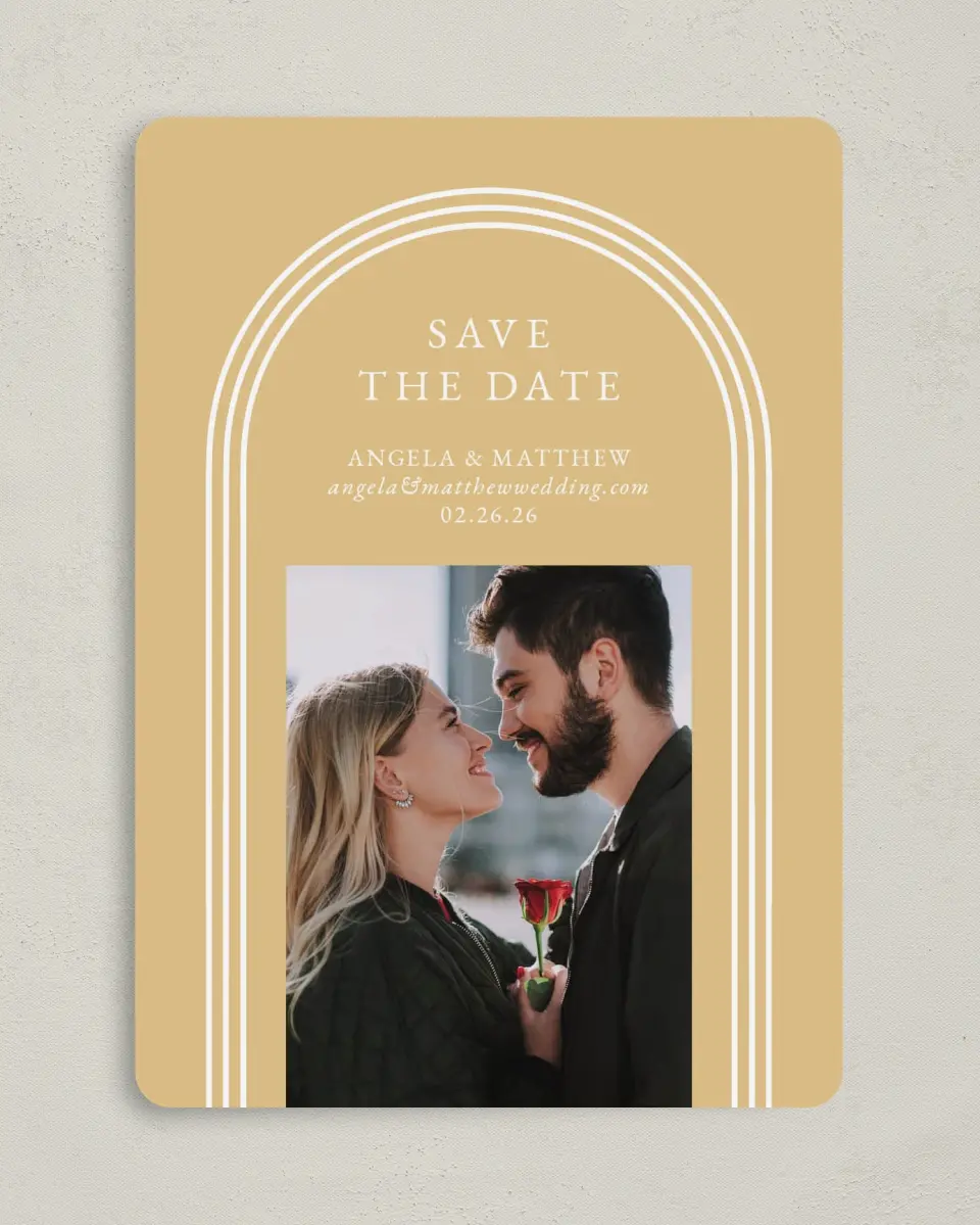 This is a 5" x 7" Save the Date Card called Charming Arch printed in full color on Premium Smooth paper