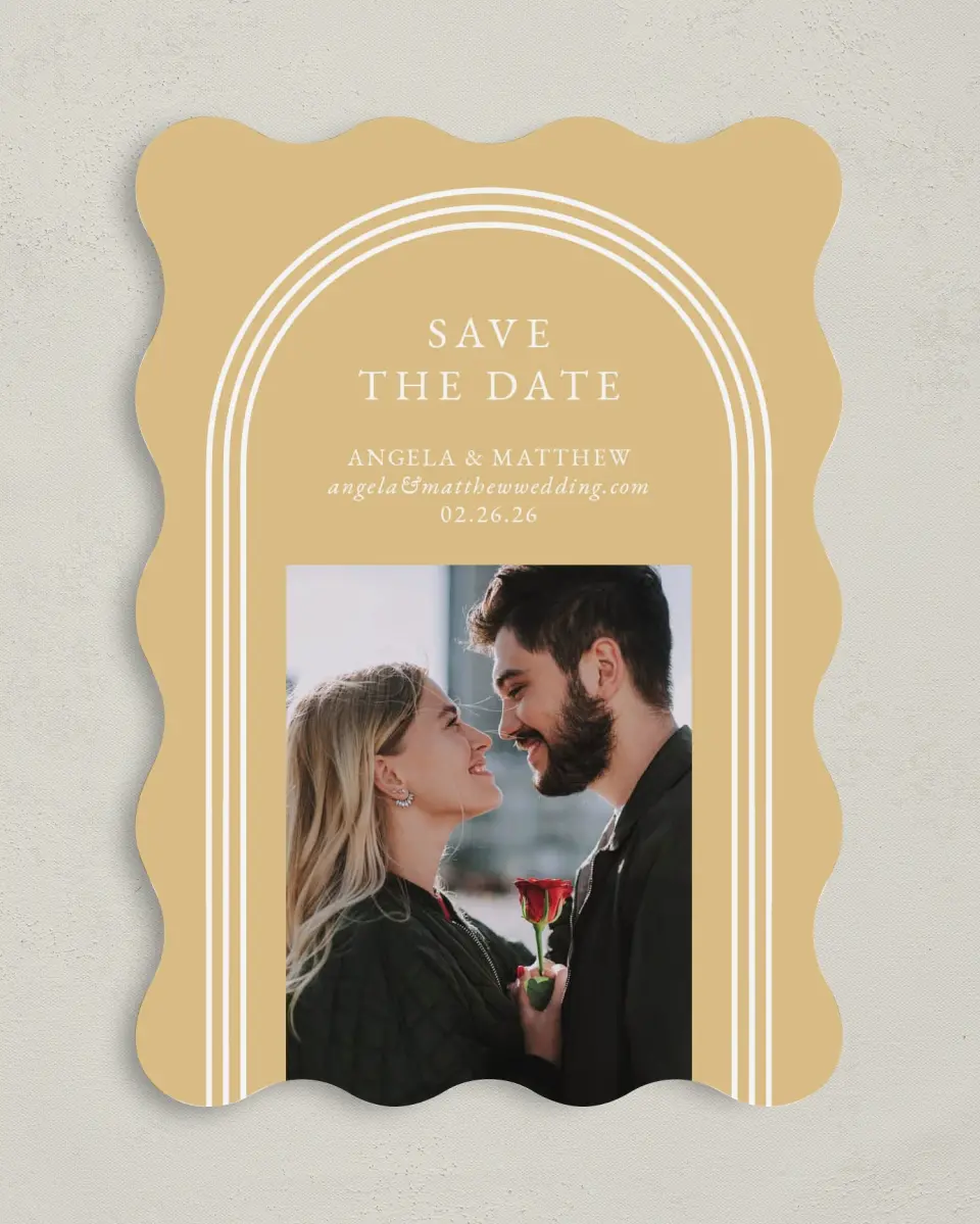 This is a 5" x 7" Save the Date Card called Charming Arch printed in full color on Premium Smooth paper