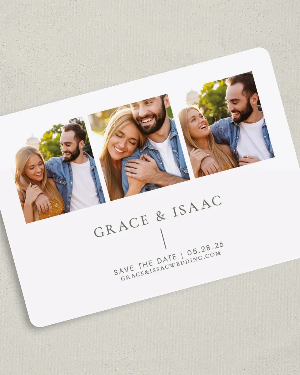 This is a 5" x 7" Save the Date Card called Sweet & Neat printed in full color on Premium Smooth paper