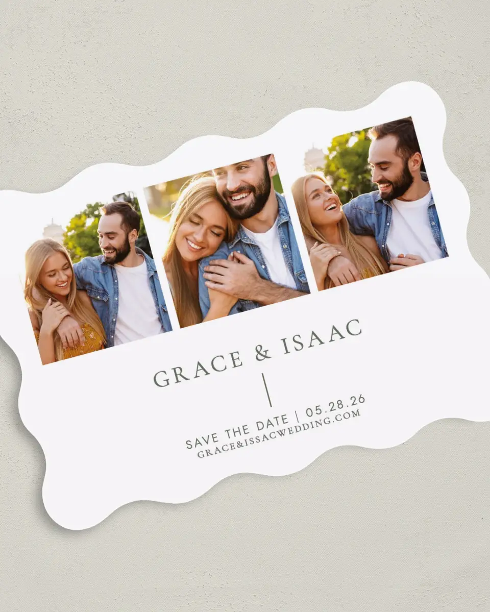 This is a 5" x 7" Save the Date Card called Sweet & Neat printed in full color on Premium Smooth paper