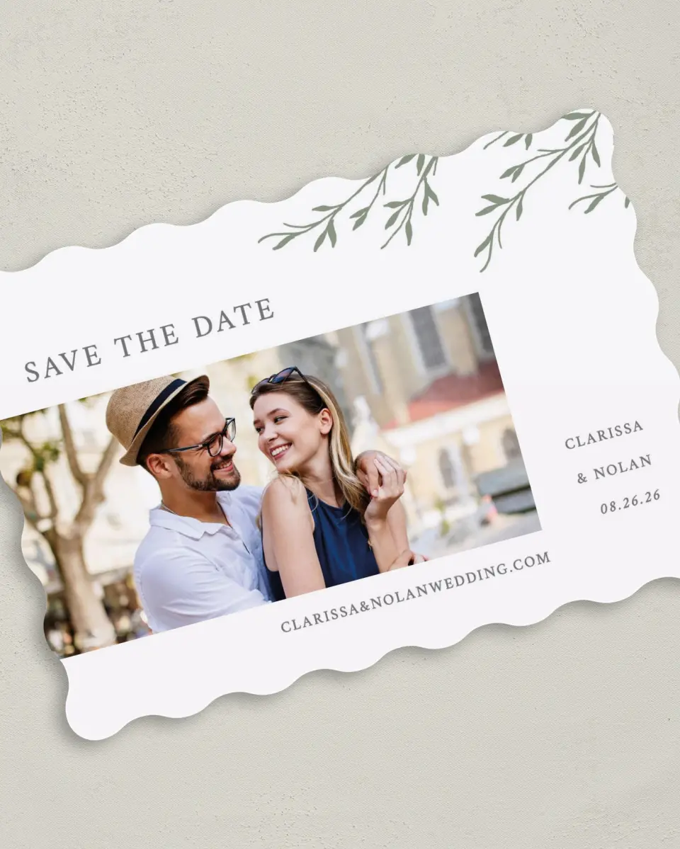 This is a 5" x 7" Save the Date Card called Bright Greens printed in full color on Premium Smooth paper