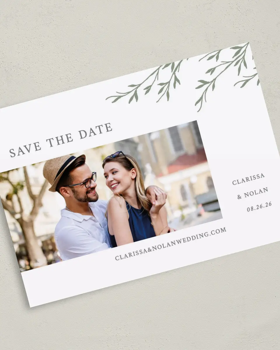 This is a 5" x 7" Save the Date Card called Bright Greens printed in full color on Premium Smooth paper