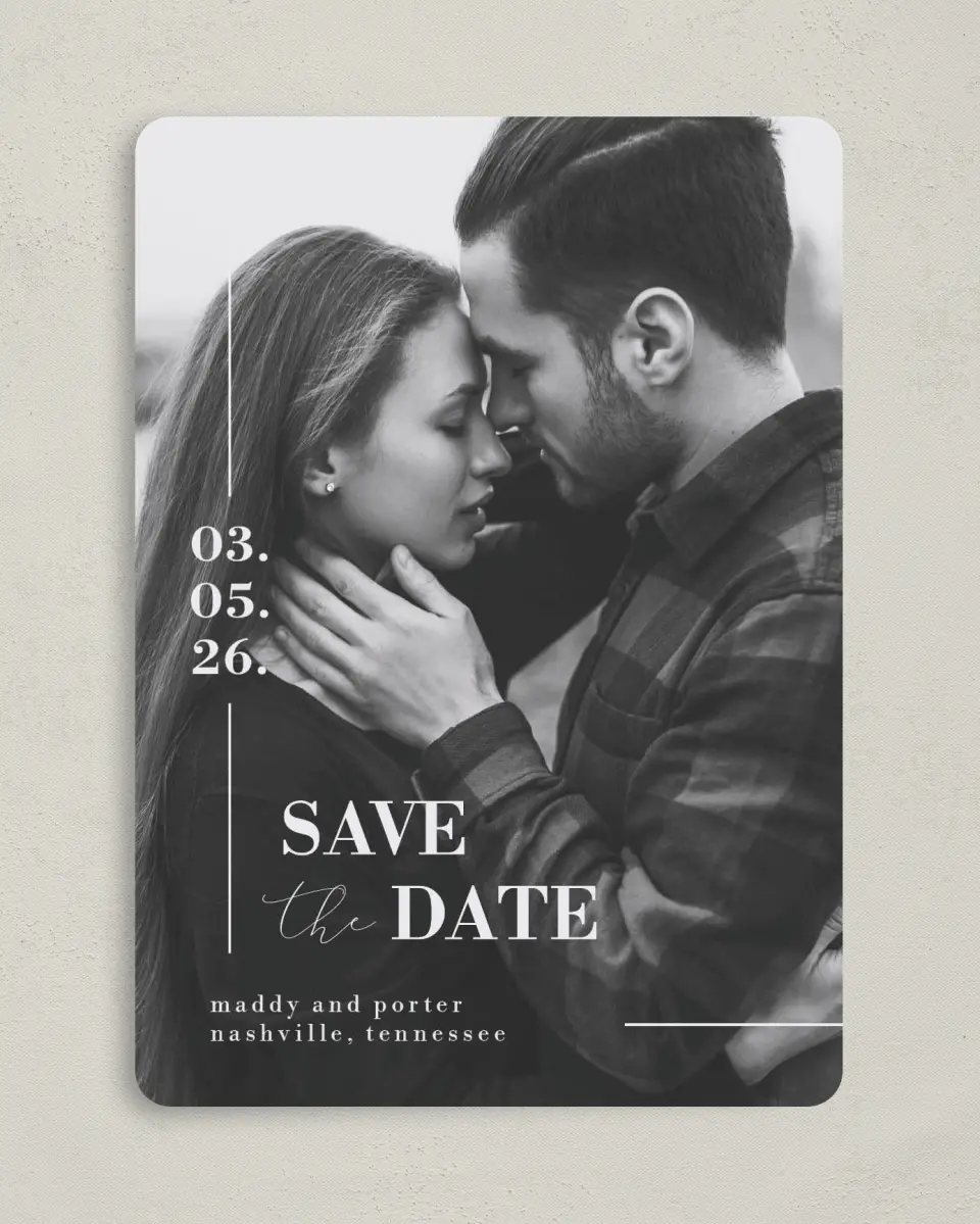 This is a 5" x 7" Save the Date Card called For Eternity printed in full color on Premium Smooth paper