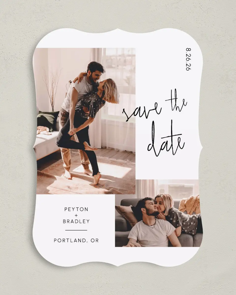 This is a 5" x 7" Save the Date Card called Mod Aesthetic printed in full color on Premium Smooth paper