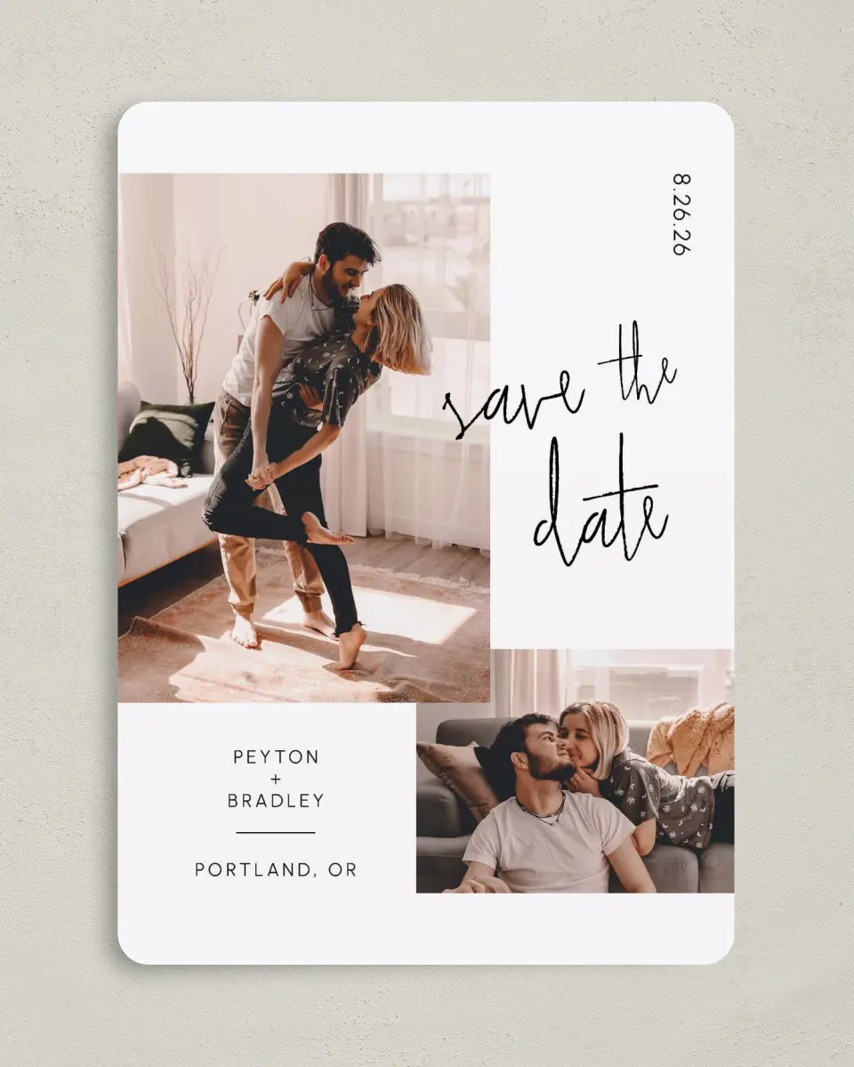 This is a 5" x 7" Save the Date Card called Mod Aesthetic printed in full color on Premium Smooth paper