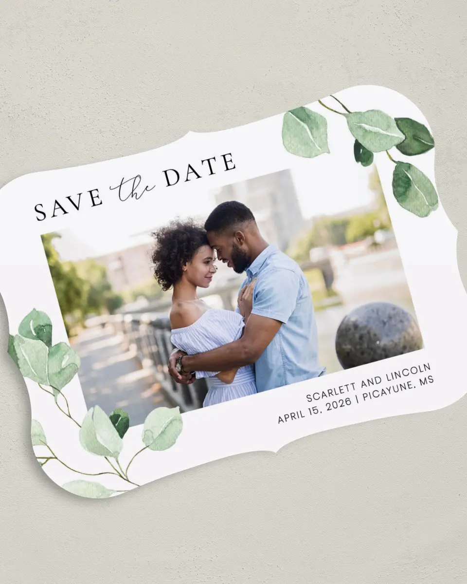 This is a 5" x 7" Save the Date Card called Sweet Greenery printed in full color on Premium Smooth paper