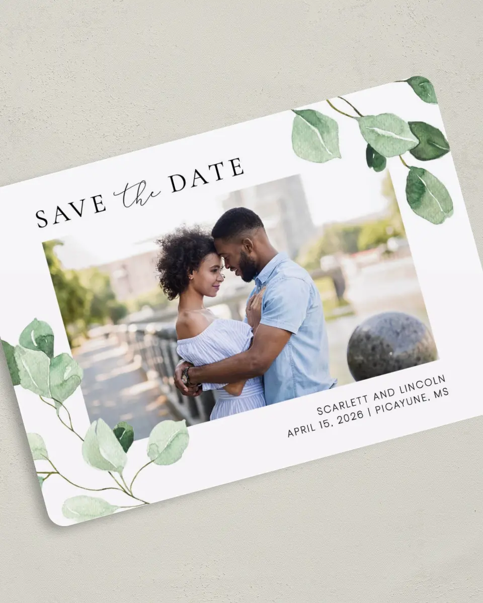 This is a 5" x 7" Save the Date Card called Sweet Greenery printed in full color on Premium Smooth paper