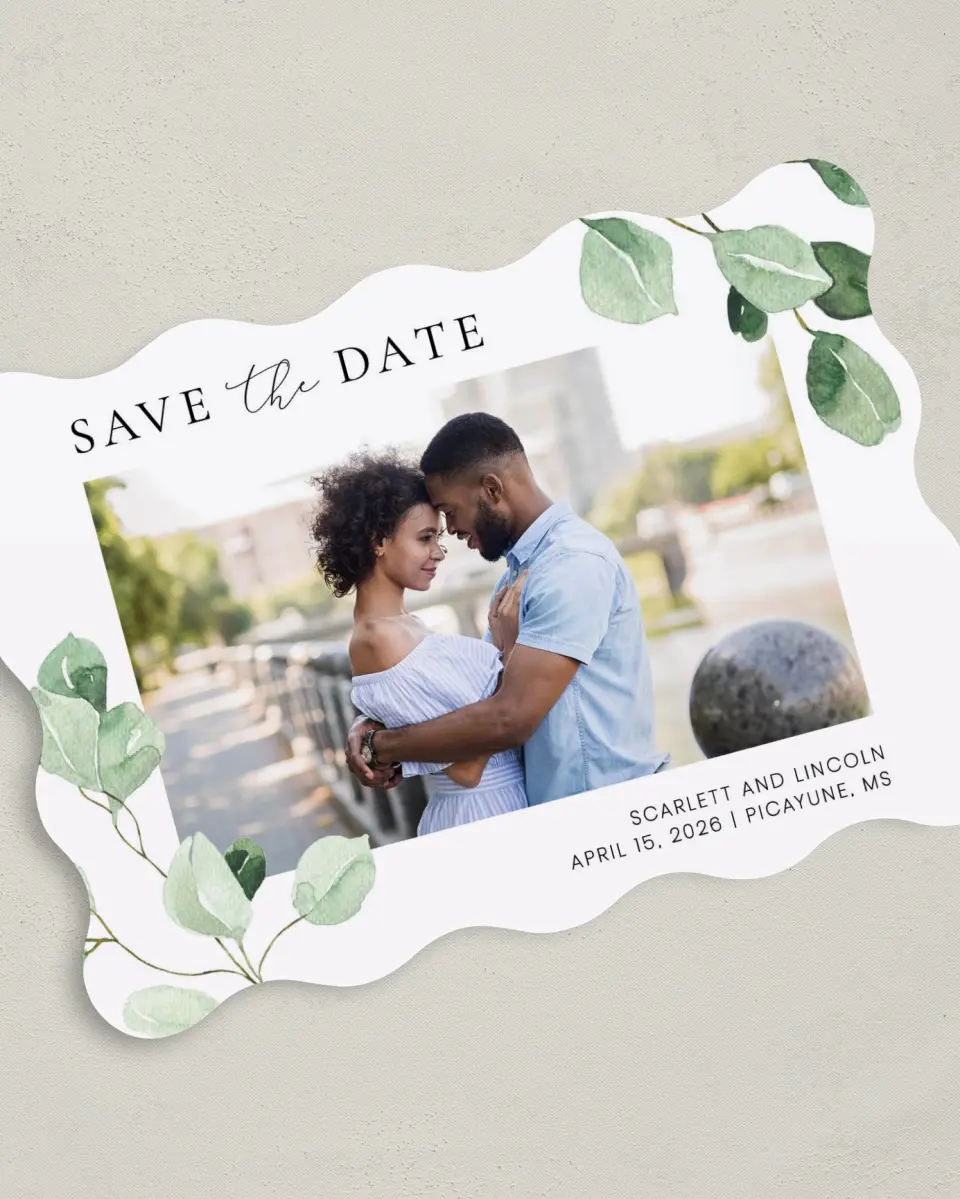 This is a 5" x 7" Save the Date Card called Sweet Greenery printed in full color on Premium Smooth paper
