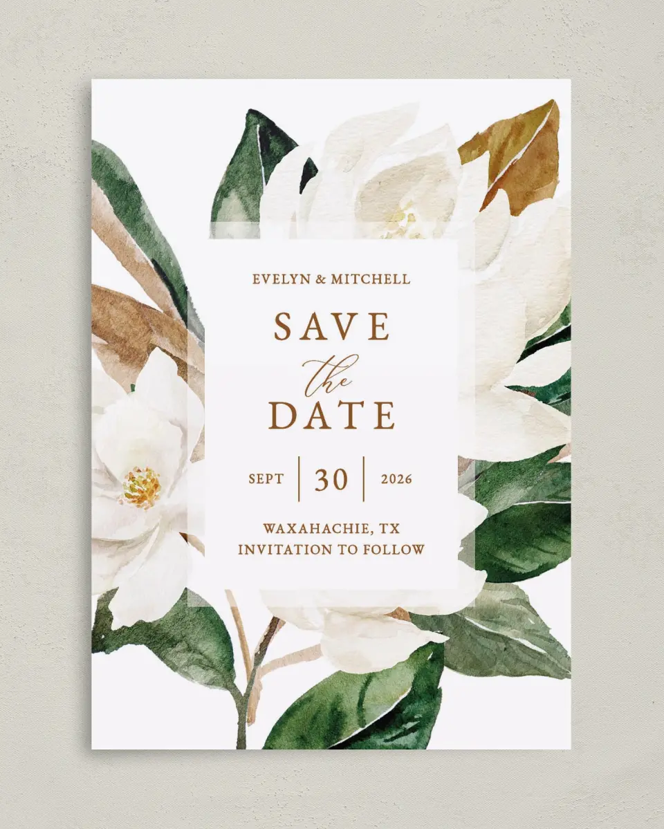 This is a 5" x 7" Save the Date Card called Soft Magnolia printed in full color on Premium Smooth paper
