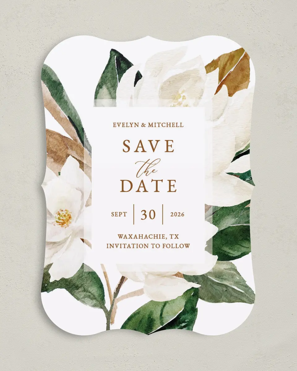 This is a 5" x 7" Save the Date Card called Soft Magnolia printed in full color on Premium Smooth paper