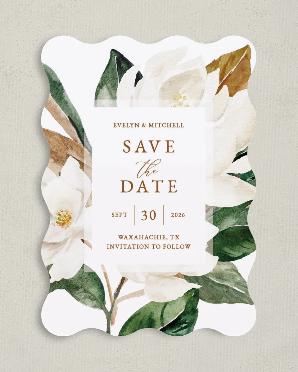 This is a 5" x 7" Save the Date Card called Soft Magnolia printed in full color on Premium Smooth paper