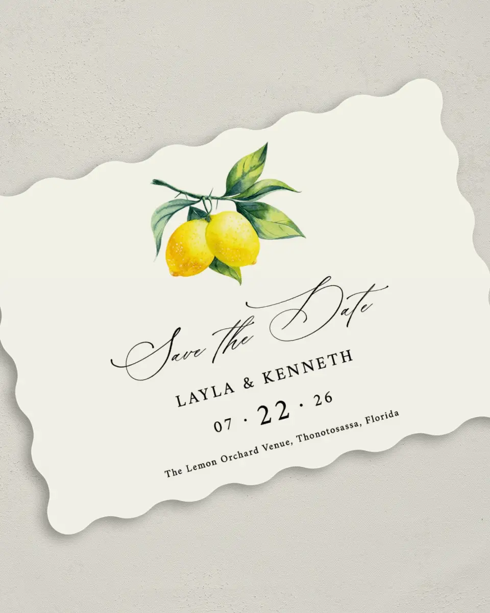 This is a 5" x 7" Save the Date Card called Antique Lemon printed in full color on Premium Smooth paper