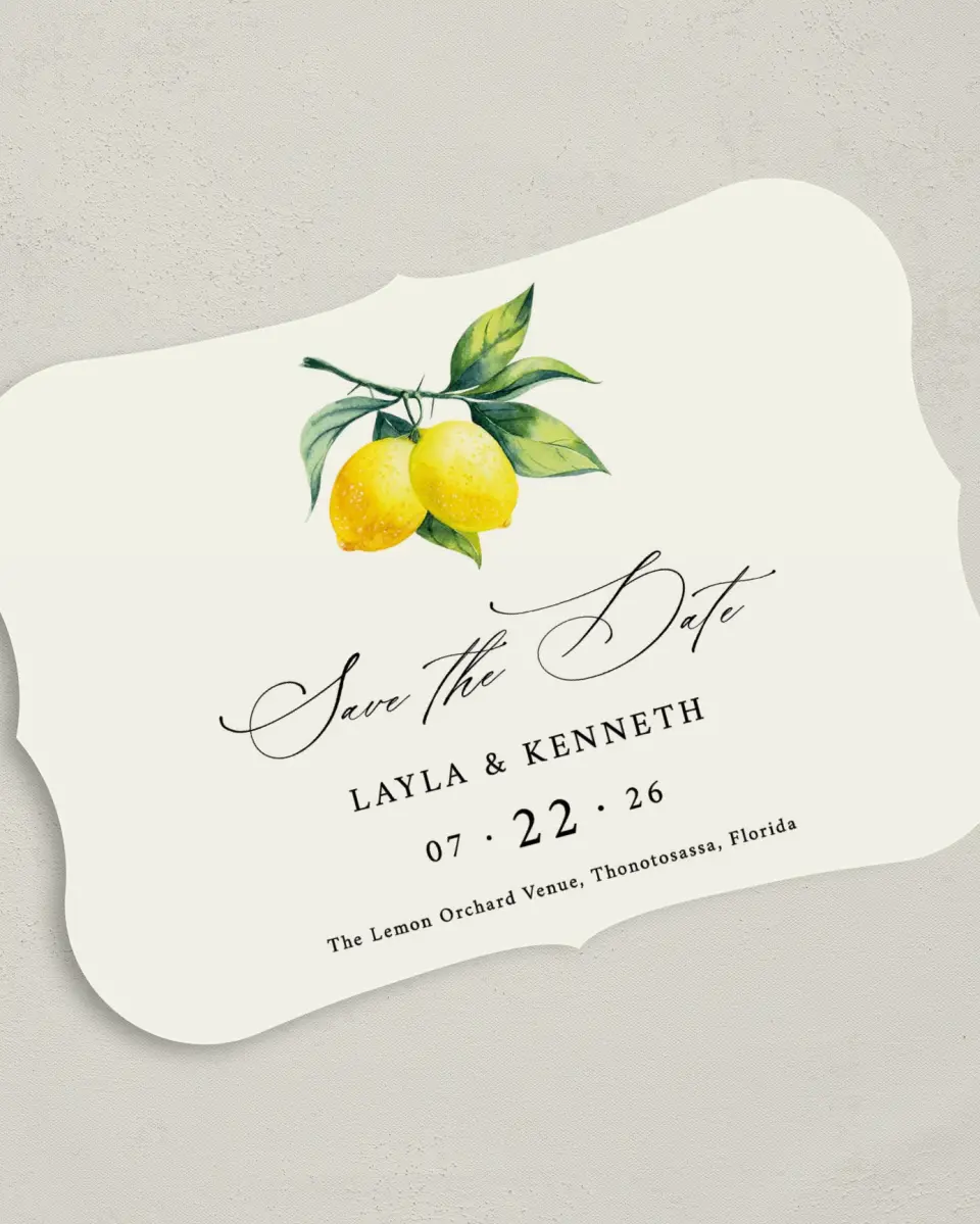This is a 5" x 7" Save the Date Card called Antique Lemon printed in full color on Premium Smooth paper