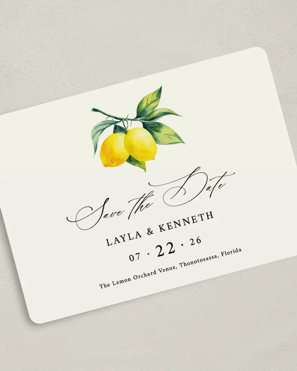 This is a 5" x 7" Save the Date Card called Antique Lemon printed in full color on Premium Smooth paper