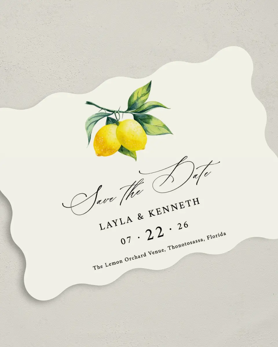 This is a 5" x 7" Save the Date Card called Antique Lemon printed in full color on Premium Smooth paper