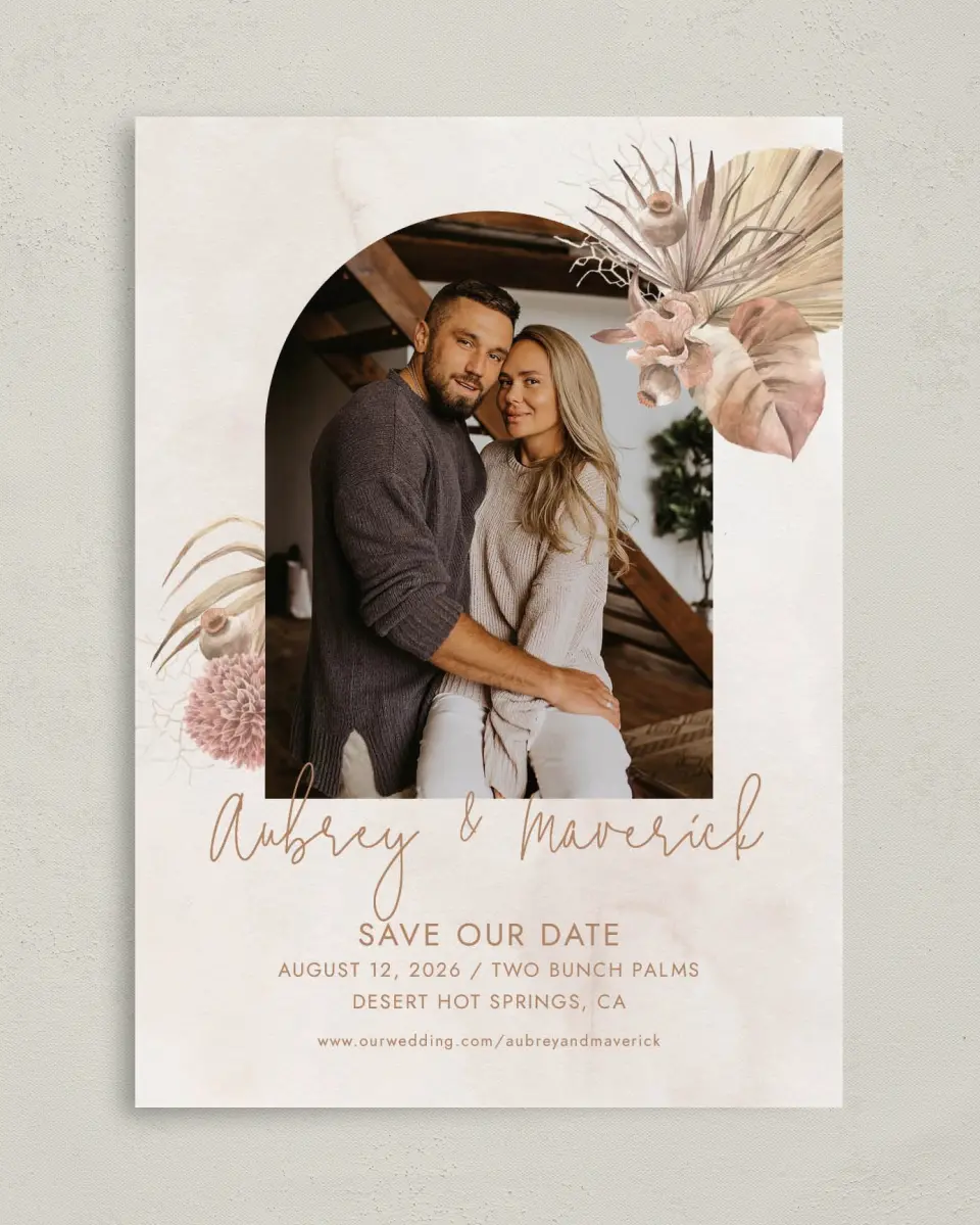 This is a 5" x 7" Save the Date Card called Boho Blooms printed in full color on Premium Smooth paper