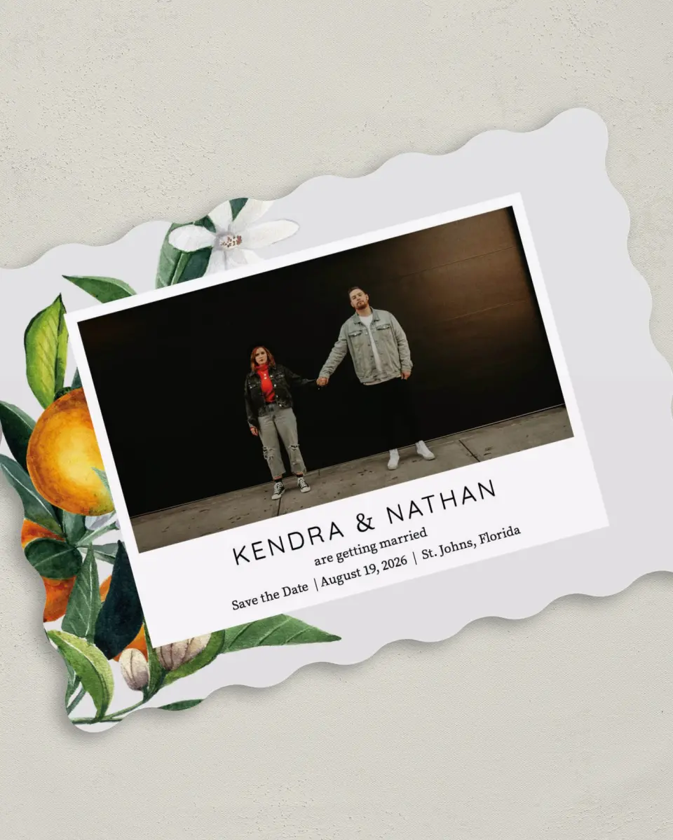 This is a 5" x 7" Save the Date Card called Mod Citrus printed in full color on Premium Smooth paper