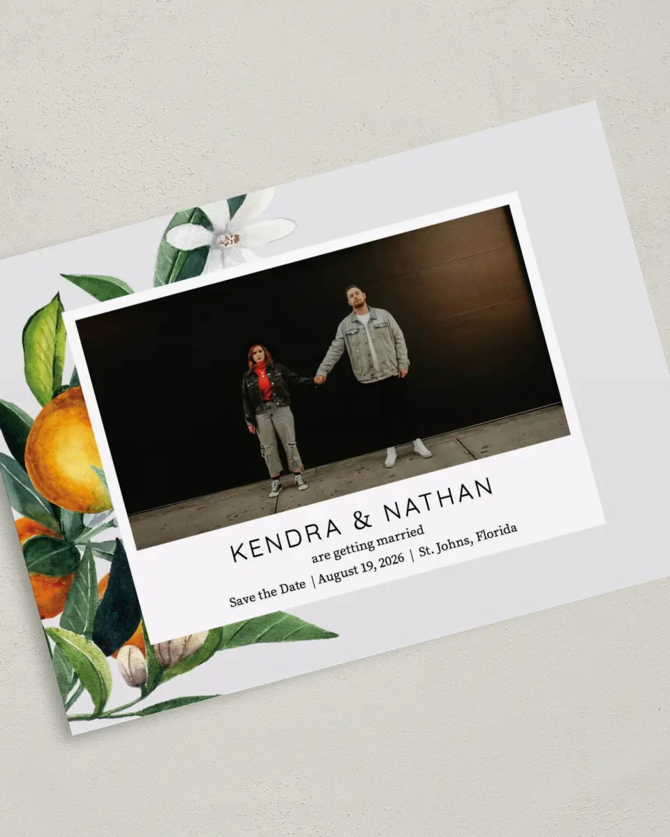 This is a 5" x 7" Save the Date Card called Mod Citrus printed in full color on Premium Smooth paper