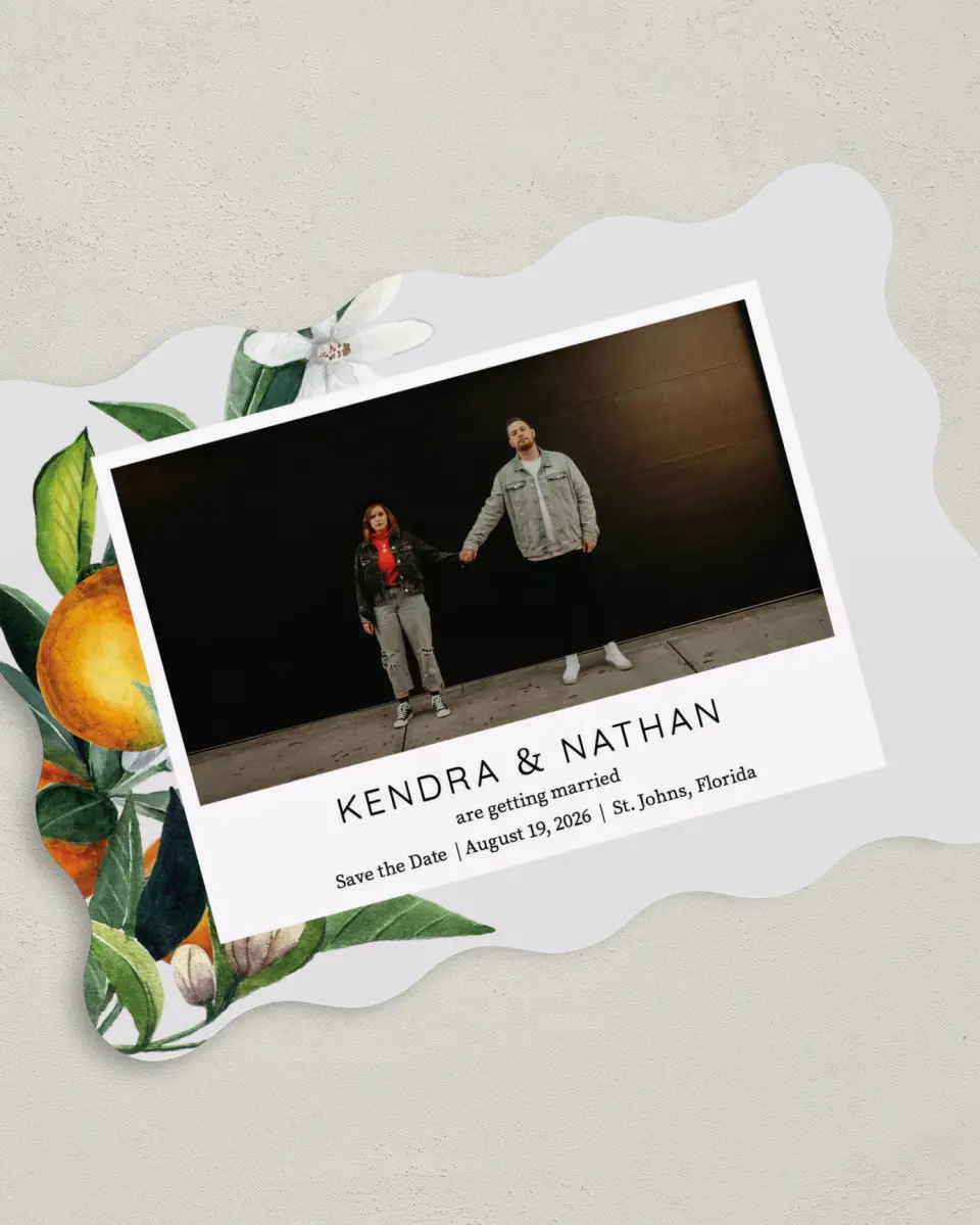 This is a 5" x 7" Save the Date Card called Mod Citrus printed in full color on Premium Smooth paper