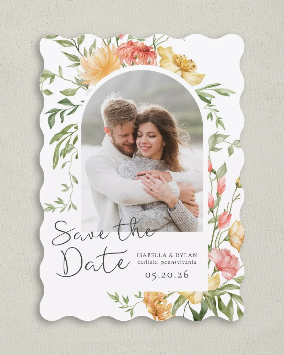 This is a 5" x 7" Save the Date Card called Secluded Blooms printed in full color on Premium Smooth paper