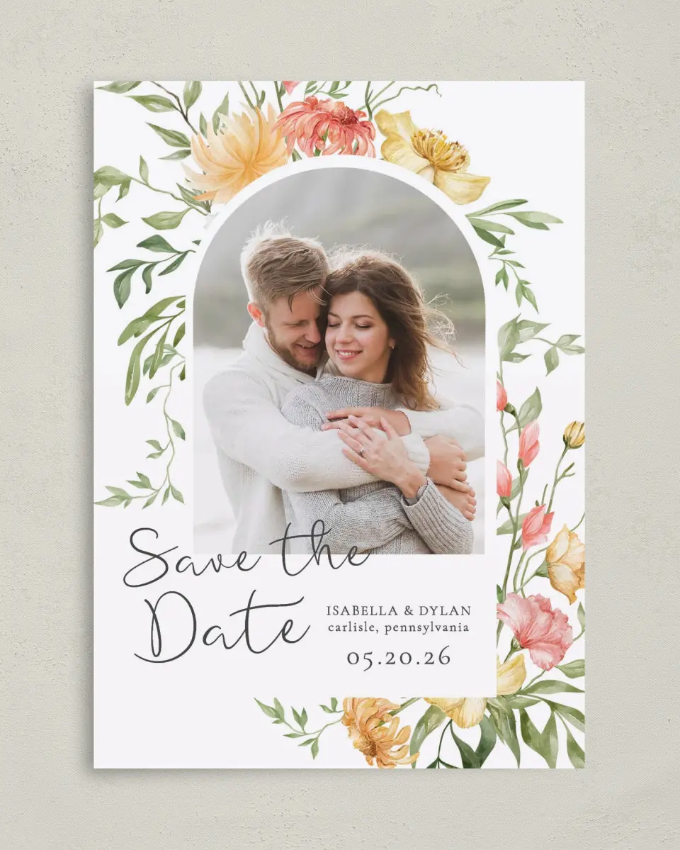 This is a 5" x 7" Save the Date Card called Secluded Blooms printed in full color on Premium Smooth paper