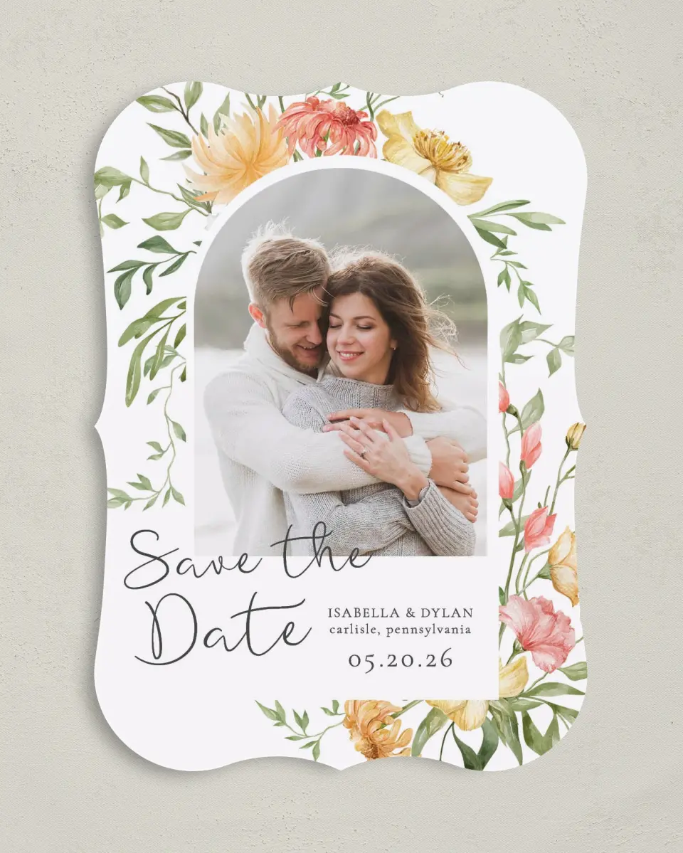This is a 5" x 7" Save the Date Card called Secluded Blooms printed in full color on Premium Smooth paper