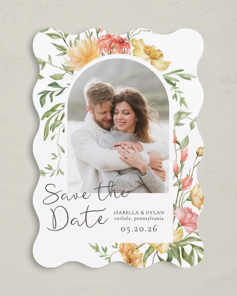 This is a 5" x 7" Save the Date Card called Secluded Blooms printed in full color on Premium Smooth paper