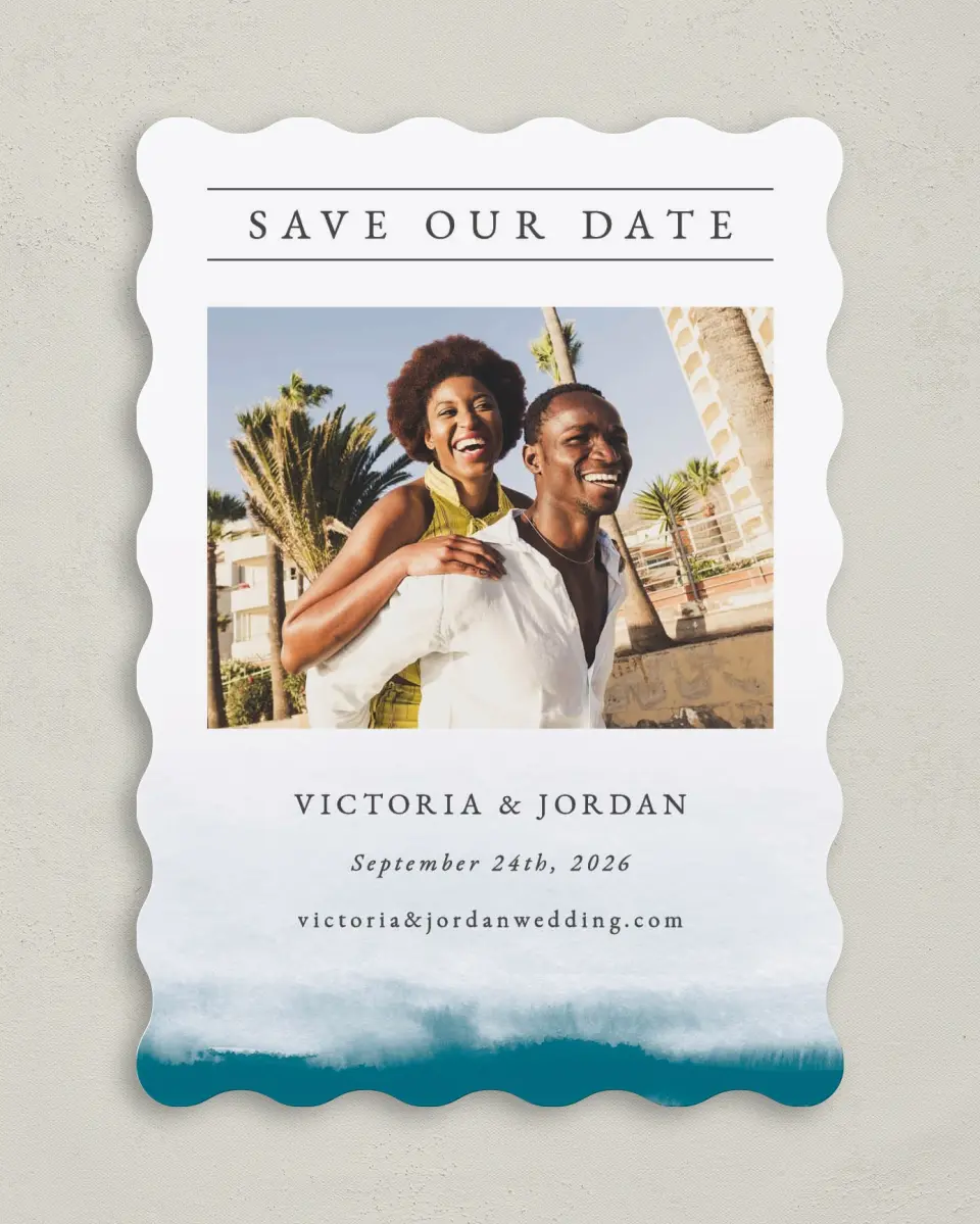 This is a 5" x 7" Save the Date Card called Shore Impression printed in full color on Premium Smooth paper