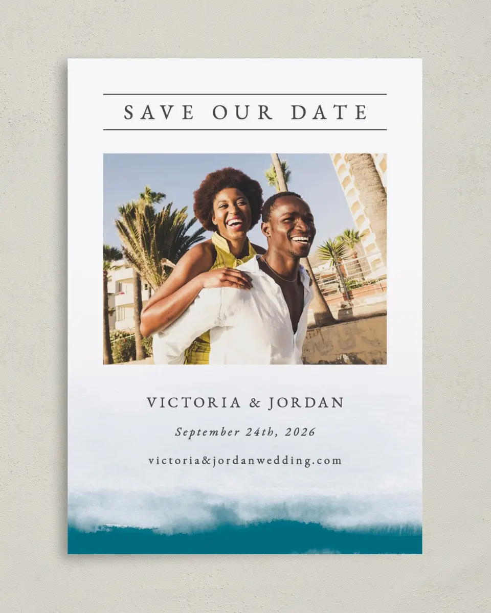This is a 5" x 7" Save the Date Card called Shore Impression printed in full color on Premium Smooth paper