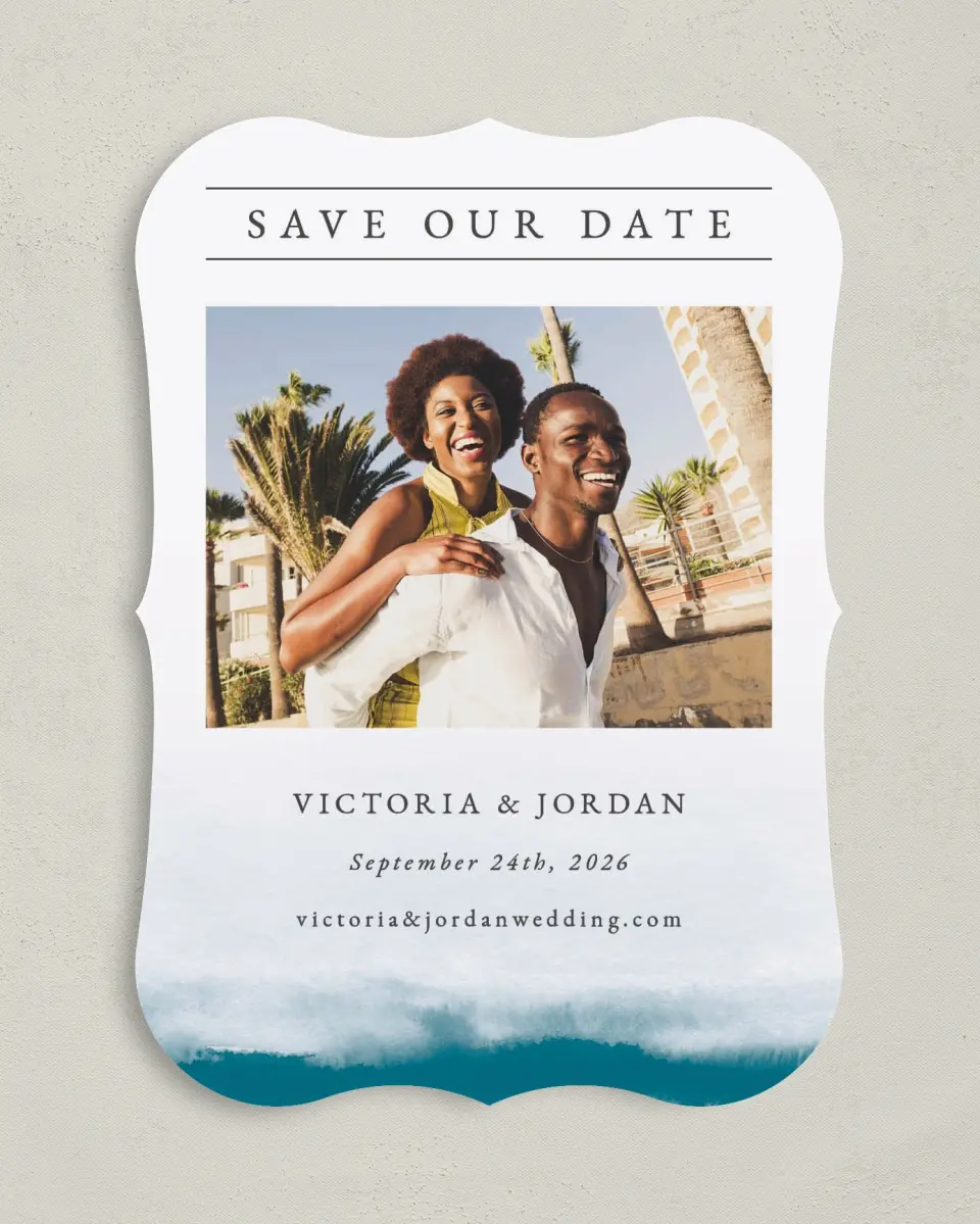 This is a 5" x 7" Save the Date Card called Shore Impression printed in full color on Premium Smooth paper