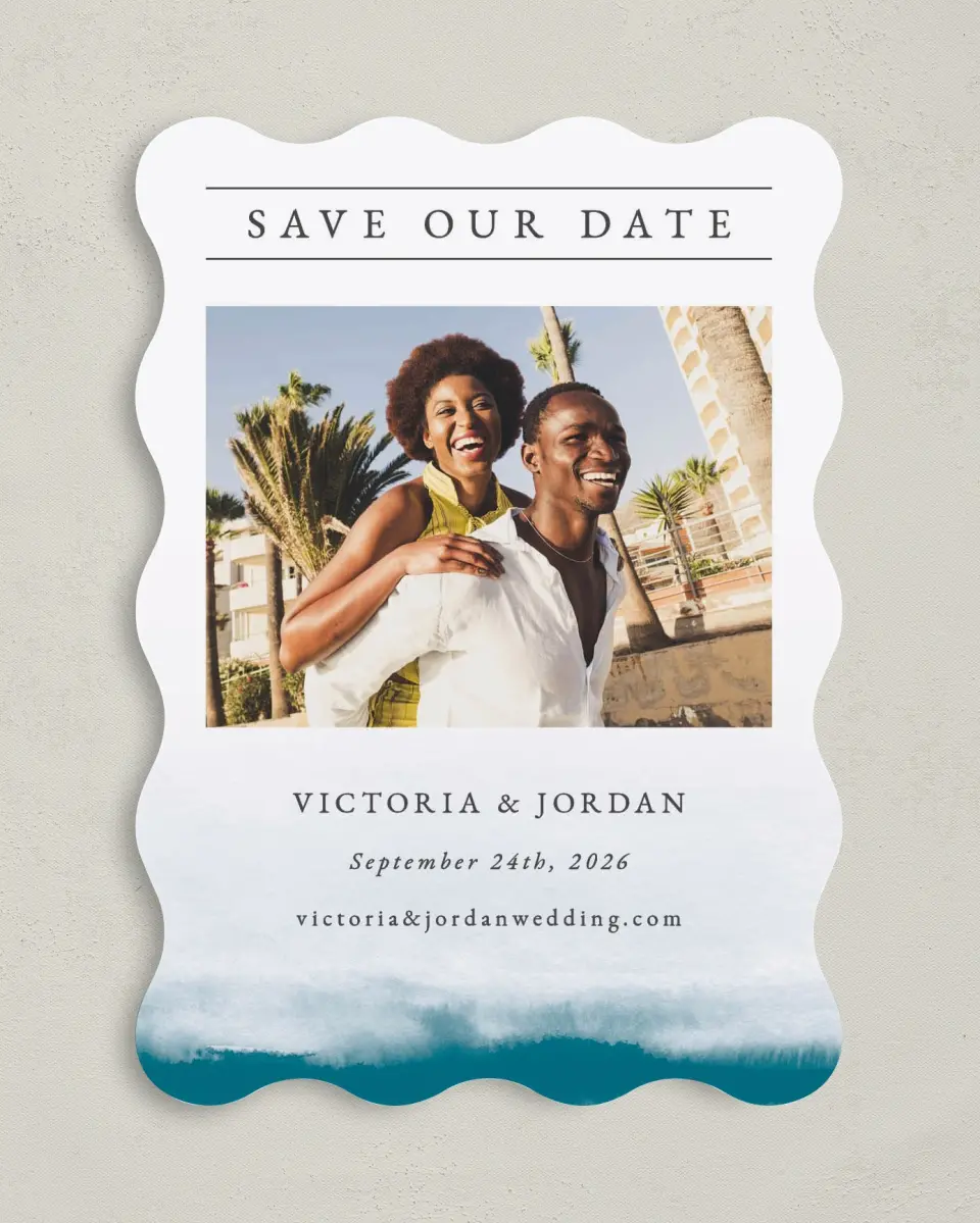 This is a 5" x 7" Save the Date Card called Shore Impression printed in full color on Premium Smooth paper